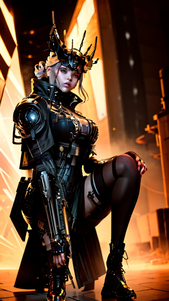 Surreal version of a woman kneeling down on one knee with sword in hand, very beautiful cyberpunk samurai,Sitting on one knee,Futuritic background,  cyberpunk anime art, cyberpunk samurai, cyberpunk city anime art, cyberpunk anime, cgsociety 9, digital cyberpunk anime art, style of maciej kuciara .1girl, samurai armor, devil mask helmet, intricate, detailed ornaments, cold colors, metallic, Egyptian details, details very complex, realistic lighting, trending on social cgs, glowing eyes, facing camera, neon details, surreal details, full body portrait, Japanese atmosphere, lighting global, shadow, octane rendering, 8k, super sharp lolita.((Best quality)), ((masterpiece)), (details:1.4), 3D, image of a female cyberpunk beautiful,HDR (High Dynamic Range),Beam Range,NVIDIA RTX,Ultra High Resolution,Unreal 5,Subsurface Scattering,PBR Textures,Post-processing,Anisotropic Filtering,Depth of Field, Maximum clarity and sharpness, Multi-layer textures, Albedo and Reflection maps, Surface shadows, Accurate simulation of light-material interaction, Perfect scaling, Octane rendering, Two-tone lighting Color, Wide Aperture, Low ISO, White Balance, Rule of Thirds, 8K RAW,