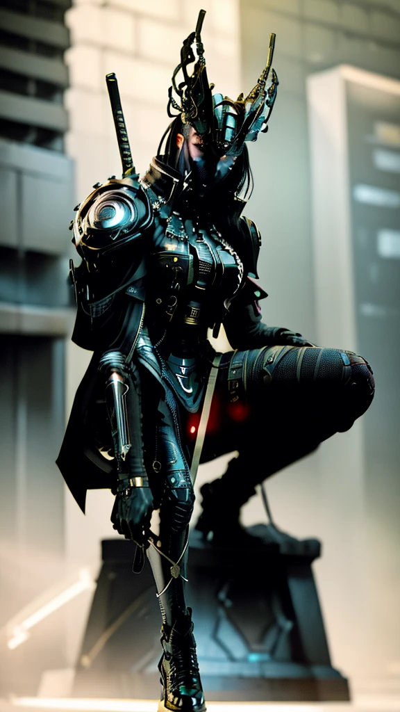 Surreal version of a woman kneeling down on one knee with sword in hand, very beautiful cyberpunk samurai,Sitting on one knee,Futuritic background, cyberpunk anime art, cyberpunk samurai, cyberpunk city anime art, cyberpunk anime, cgsociety 9, digital cyberpunk anime art, style of maciej kuciara .1girl, samurai armor, devil mask helmet, intricate, detailed ornaments, cold colors, metallic, Egyptian details, details very complex, realistic lighting, trending on social cgs, glowing eyes, facing camera, neon details, surreal details, full body portrait, Japanese atmosphere, lighting global, shadow, octane rendering, 8k, super sharp lolita.((Best quality)), ((masterpiece)), (details:1.4), 3D, image of a female cyberpunk beautiful,HDR (High Dynamic Range),Beam Range,NVIDIA RTX,Ultra High Resolution,Unreal 5,Subsurface Scattering,PBR Textures,Post-processing,Anisotropic Filtering,Depth of Field, Maximum clarity and sharpness, Multi-layer textures, Albedo and Reflection maps, Surface shadows, Accurate simulation of light-material interaction, Perfect scaling, Octane rendering, Two-tone lighting Color, Wide Aperture, Low ISO, White Balance, Rule of Thirds, 8K RAW,