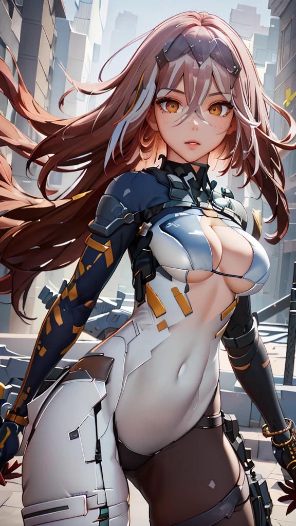 (best qualityer, work of art, colorfully, dynamic angle, highest detailded) (cangfeng), (offcial art, extreme detailded, highest detailded), (cangfeng), realisitic, long hair girl fashion photography, (details Intricate, hyperdetailded:1.55), dressing high detailded bodysuit (high resolution textures), (bright sunny_giorno), perfect lighting, plein-air, hair between the eyes, (breasts big:1.2), skintight, (asymmetrical pants), mitts, in dynamic pose, bokeh, detailded, detailded background, mechanical right arm, torn pants, below the chest, perfect hand, hdr+, facefocus, fully body