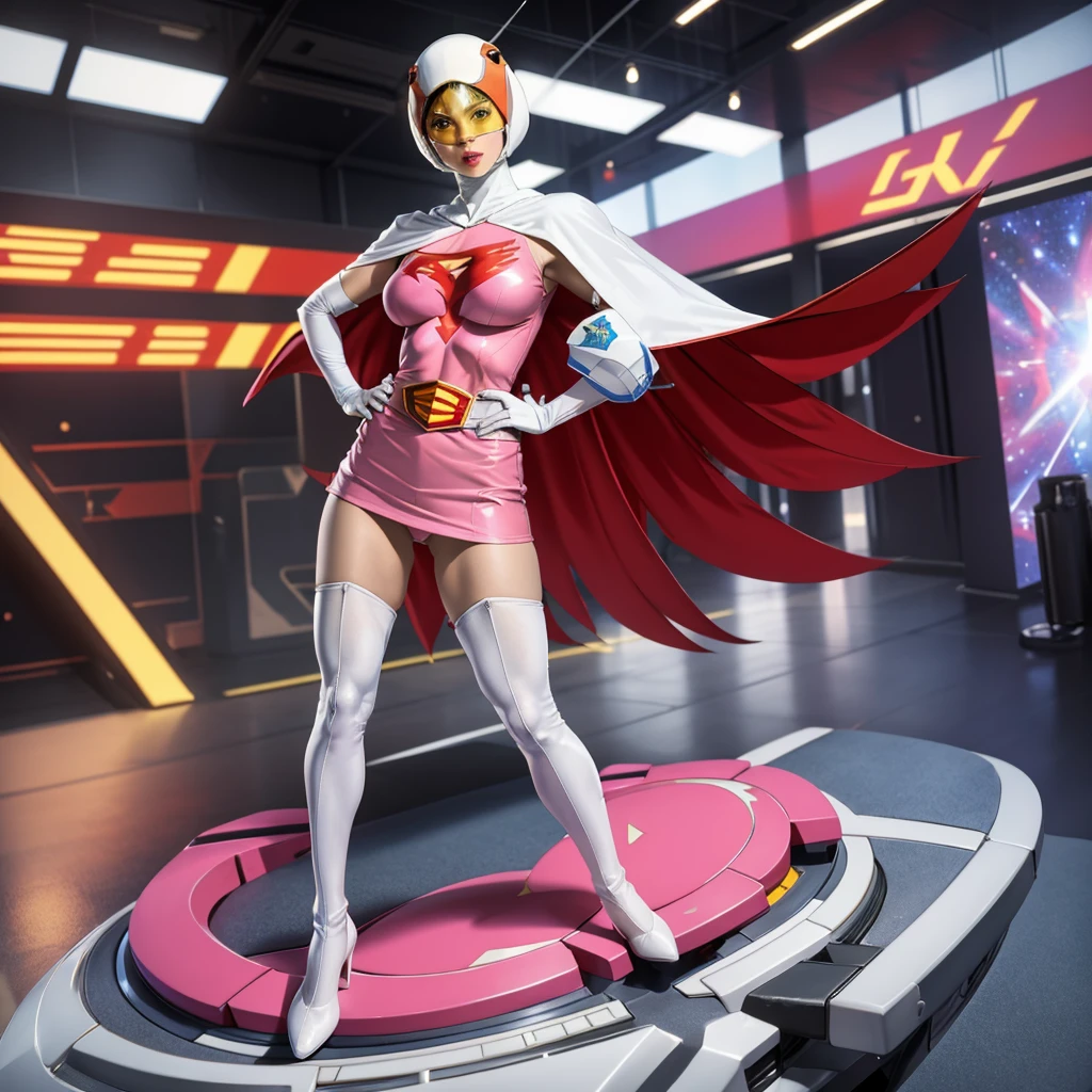 ANI_CLASSIC_jun_gatchaman_ownwaifu,1girl, 15yo,good anatomy, masterpiece, best quality,realistic, hyper realistic, 16k hdr, long hair,breasts,lips,large breasts,lipstick,makeup,gloves,cape,helmet,belt,elbow gloves,white gloves,mask,ultra miniskirt,leotard,spacesuit,white tight overknee highheels boots,pink dress,superhero,bodysuit,cleavage,erected nipples,(stand pose,hands on hip),(spread legs:1.1),cameltoe