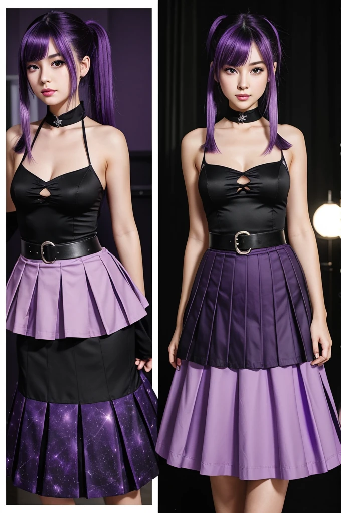 Make me a demon slayer oc Female gender Mid-back hair, black with purple tips, with medium fringe, and styled in a half ponytail.
V-shaped face, with doe-shaped, heterochromatic, blue and purple eyes, with a mole under the left eye.Lips Thin but round lips, I use pastel pink lipstick. Body with an hourglass silhouette, a little large bust as well as wide hips and a 53 cm waist, I am 166 cm tall, my arms and neck are covered with bandages,I wear boots like Kanao's but these ones go up to my ankle My uniform consists of a short pleated skirt, and the top part is similar to shinobu's, only my uniform has bare shoulders, my haori is purple with black constellations Wisteria forest place, it's night, I use the tarot breath