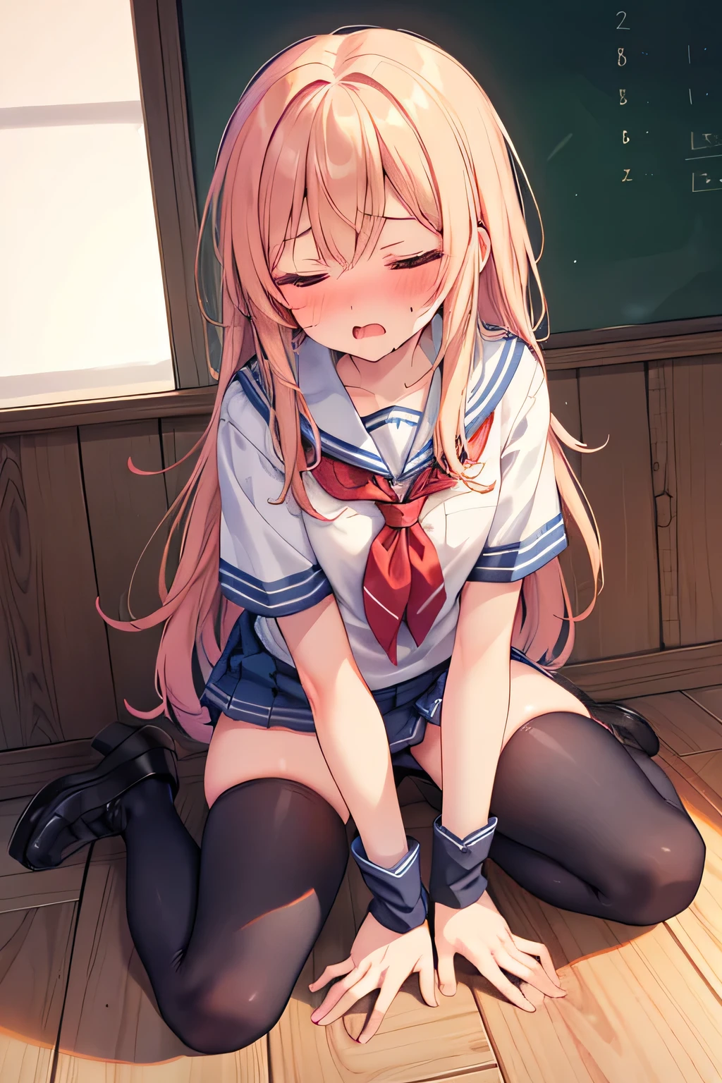 superfine illustration, Perfect Anatomy, Best Quality, Hires, amazing shading, Beautiful skin, 1 , nose blush, Saliva, Ecstasy,  Close eyes, ,School Uniforms ,  Full body, SEX, Yor, touches crotch, (Rubbing the crotch with your hands:1.2), town:1.2, suggestive pose,