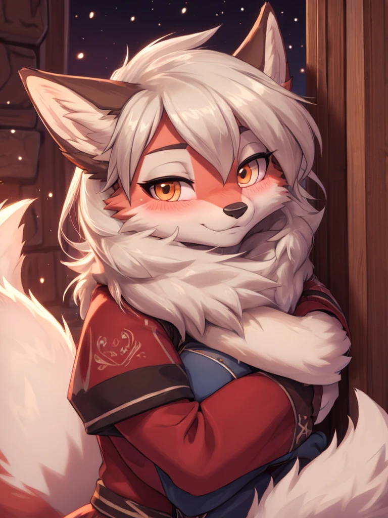 Snowfox girl add_detail:1 , closeup high definition, hug his furry tail, blushing face high definition, half body add_detail:1