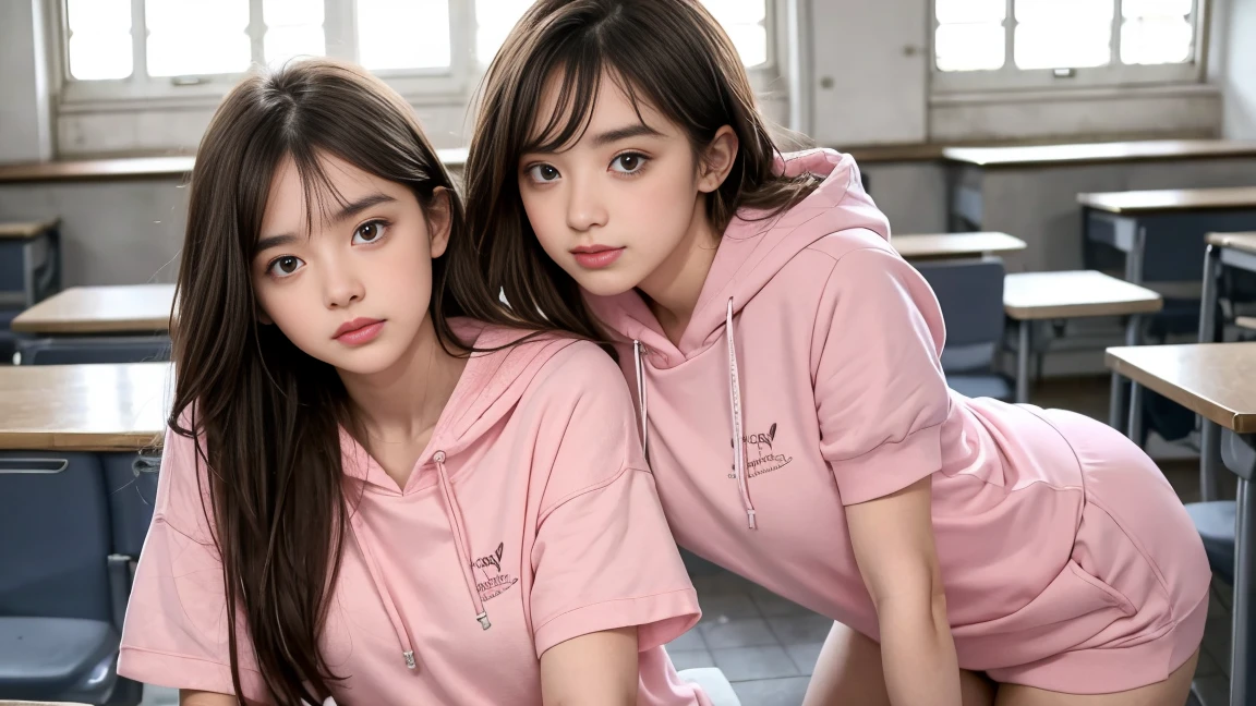 deux  ensemble de 18 ans sexy eince , pink short sleeve hoodie , salle de classe, se touche,position sey,sensuel