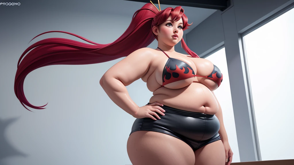 (photorealistic painting art, professional foto, 4K:1.0) Yoko Littner, (face detailed), (standing alone), very wide body, ((beautiful detailed background)), curved, very fat, Broad Hips, huge ass, thick and smooth thighs, very fat flabby arms, realistic lighting, high détail, qualidade hd , face detailed, realistic shading, fat rolls, tamanho huge ass, gigantic huge ass breasts overflowing with fat, decote huge ass, heavy, plus size, everything is fat, soft texture, beautiful big eyes, semi-realistic, dynamic angle, pattern clothes, ssbbw, ver very heavy body, fat belly rolls, bulking, weight gain, mukbang, bbw to ssbbw, bikini and thin leather shorts like her original outfit, VERY LARGE BODY
