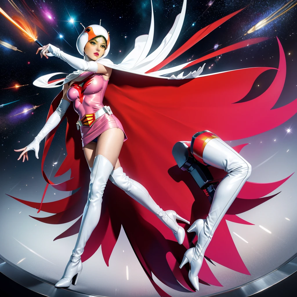ANI_CLASSIC_jun_gatchaman_ownwaifu,1girl, ,good anatomy, masterpiece, best quality,realistic, hyperrealistic, 16k hdr, long hair,breasts,green eyes,lips,large breasts,lipstick,makeup,gloves,cape,helmet,belt,elbow gloves,white gloves,mask,ultra miniskirt,leotard,spacesuit,white tight overknee highheels boots,pink dress,superhero,bodysuit,cleavage,erected nipples,(sexy pose,view from below),(spread legs:1.1),cameltoe