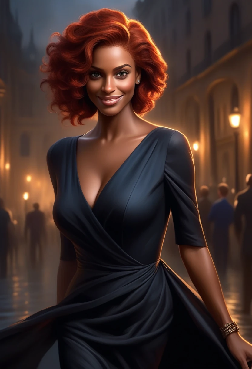 1girl, short red hair, brown eyes, gigantic breasts, perfect detailed eyes, perfect detailed face, perfect smile, black dress, cleavage, dark-skinned female, upper body, (best quality, 4k, 8k, highres, masterpiece:1.2), ultra-detailed, (realistic, photorealistic, photo-realistic:1.37), hyperrealistic, intricate details, chiaroscuro, dramatic lighting, cinematic, vibrant colors, oil painting, digital painting, dark and moody atmosphere