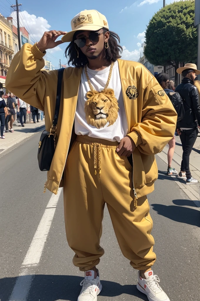 Create a lion in sunglasses, gold chain, baggy clothes and hat