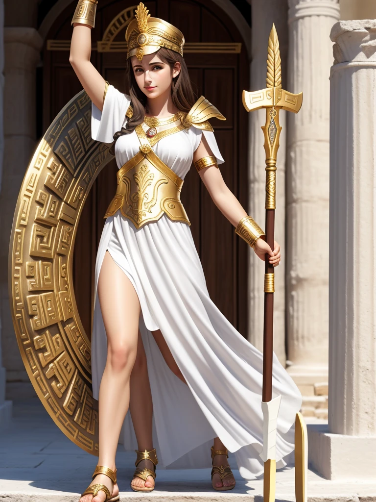 Greek goddess Athena. White tunic golden armor, golden spear and shield, good body, Brown hair. Greek accessories. Greek sandals