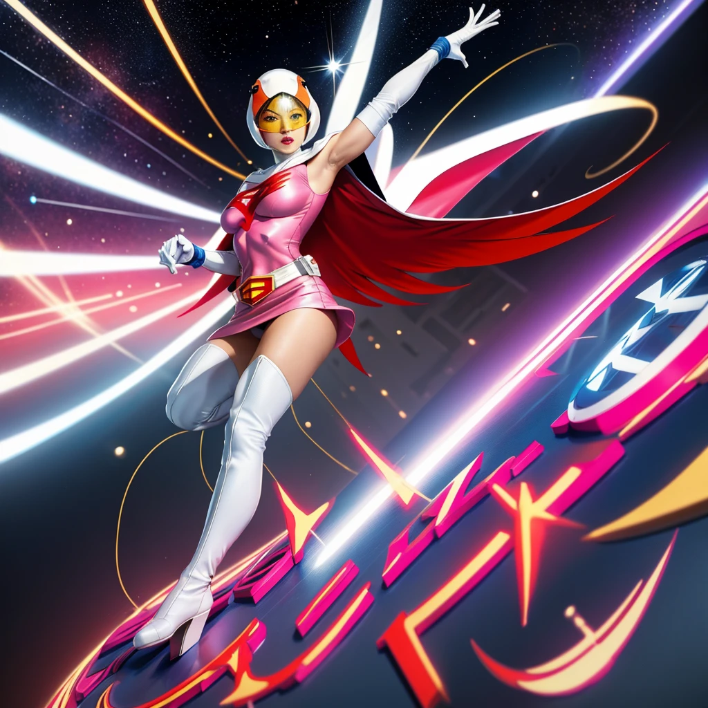 ANI_CLASSIC_jun_gatchaman_ownwaifu,1girl, 15yo,good anatomy, masterpiece, best quality,realistic, hyper realistic, 16k hdr, long hair,breasts,lips,large breasts,lipstick,makeup,gloves,cape,helmet,belt,elbow gloves,white gloves,mask,ultra miniskirt,leotard,spacesuit,white tight overknee highheels boots,pink dress,superhero,bodysuit,cleavage,erected nipples,(kick ass poses),cameltoe
