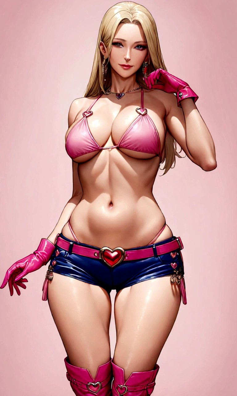 Mature girl with tall straight blonde posture, she wears a pink-white bikini, she shows her midriff, she also shows off her belly button, she wears blue leather shorts, she wears pink small boots, she wears a pink belt with a red heart-shaped buckle, she wears small pink gloves.