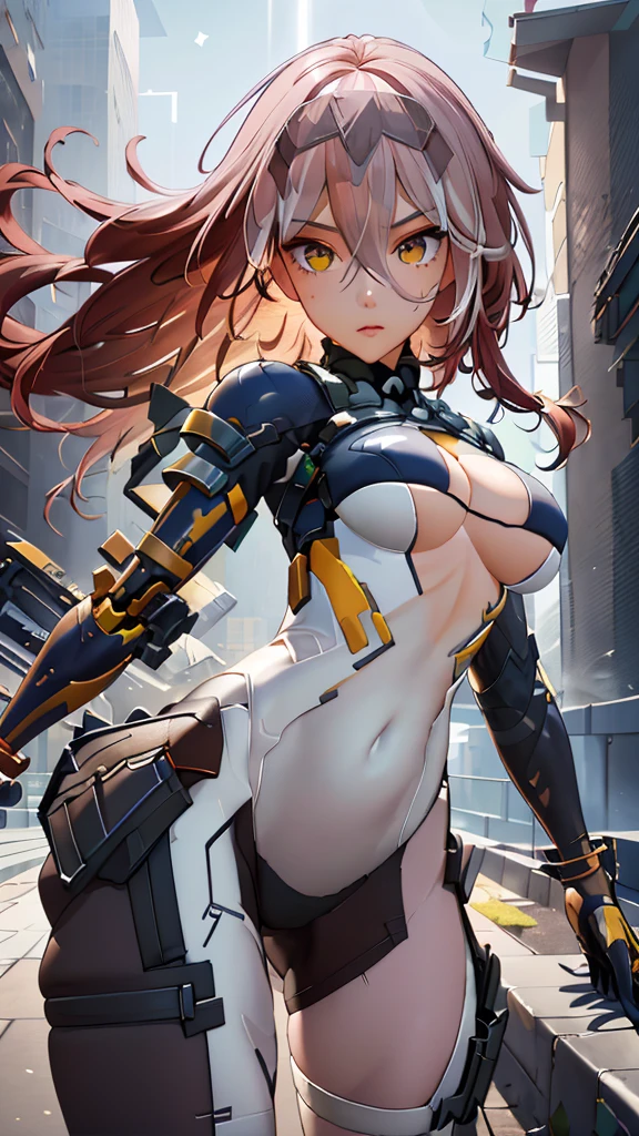 (best qualityer, work of art, colorfully, dynamic angle, highest detailded) (cangfeng), (offcial art, extreme detailded, highest detailded), (cangfeng), realisitic, long hair girl fashion photography, (details Intricate, hyperdetailded:1.55), dressing high detailded bodysuit (high resolution textures), (bright sunny_giorno), perfect lighting, plein-air, hair between the eyes, (breasts big:1.2), skintight, (asymmetrical pants), mitts, in dynamic pose, bokeh, detailded, detailded background, mechanical right arm, torn pants, below the chest, perfect hand, hdr+, facefocus, fully body, badass,