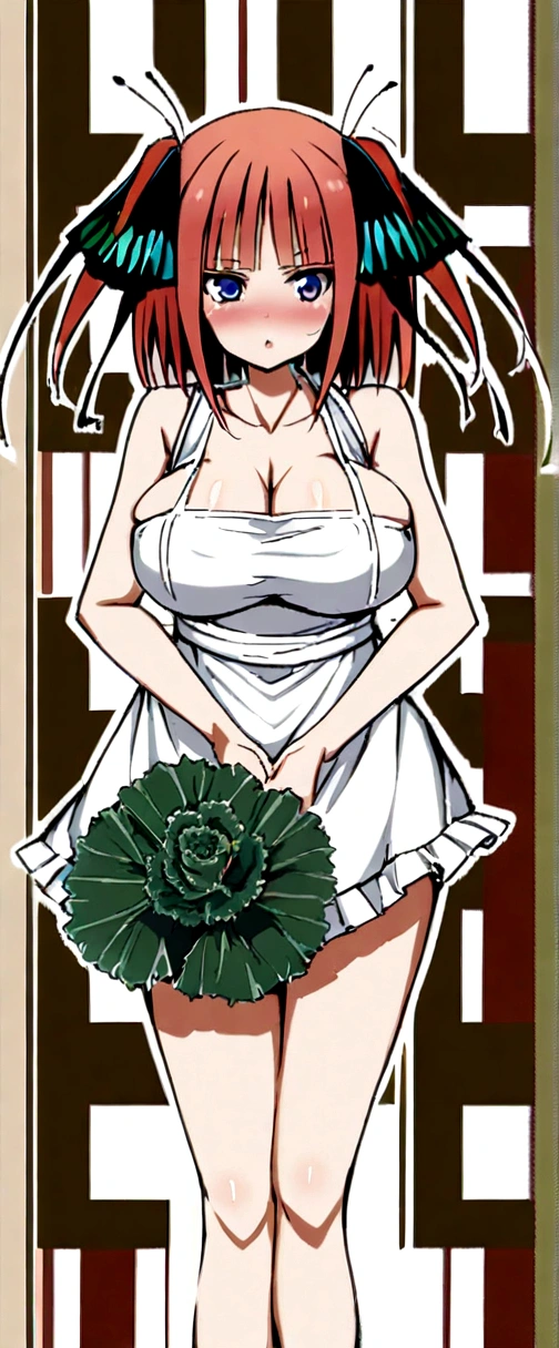 1fille, bare, nakano nino, rose hair, butterfly hair ornament, (Kale:1.3), (white apron), tetas grandes, cleavage, cuisses, coffee background, (flush:1.3)