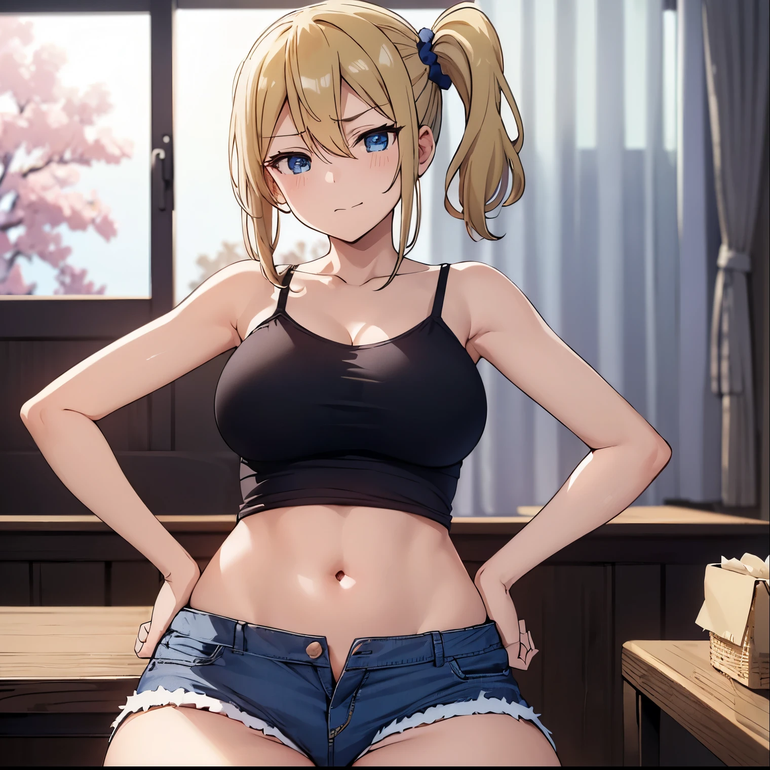 ((1girl)),((alone)), Ai Hayasaka,masterpiece,best quality,high resolution,ultra detailed,dynamic pose,cowboy shot,detailed eyes,perfect fingers,looking at viewer,perfect body,blue scrunchie,side ponytail,hair between eyes , blue eyes, blonde hair, hair ornament, medium breasts, narrow waist, wide hips, wide thighs, round butt,(( underwear, shorts, panties, breasts, open fly, ribbon, navel, , large breasts, camisole white, cleavage, smile, bow panties, two sides up, midriff, unbuttoned, black shorts, open shorts, denim, sitting, unbuttoned)),(indoor, school classroom, window, sunny),((solo))(standing), tears, frowning, looking back,from behind,((focus on butt)),pov(from below),perfect anatomy,perfect hands