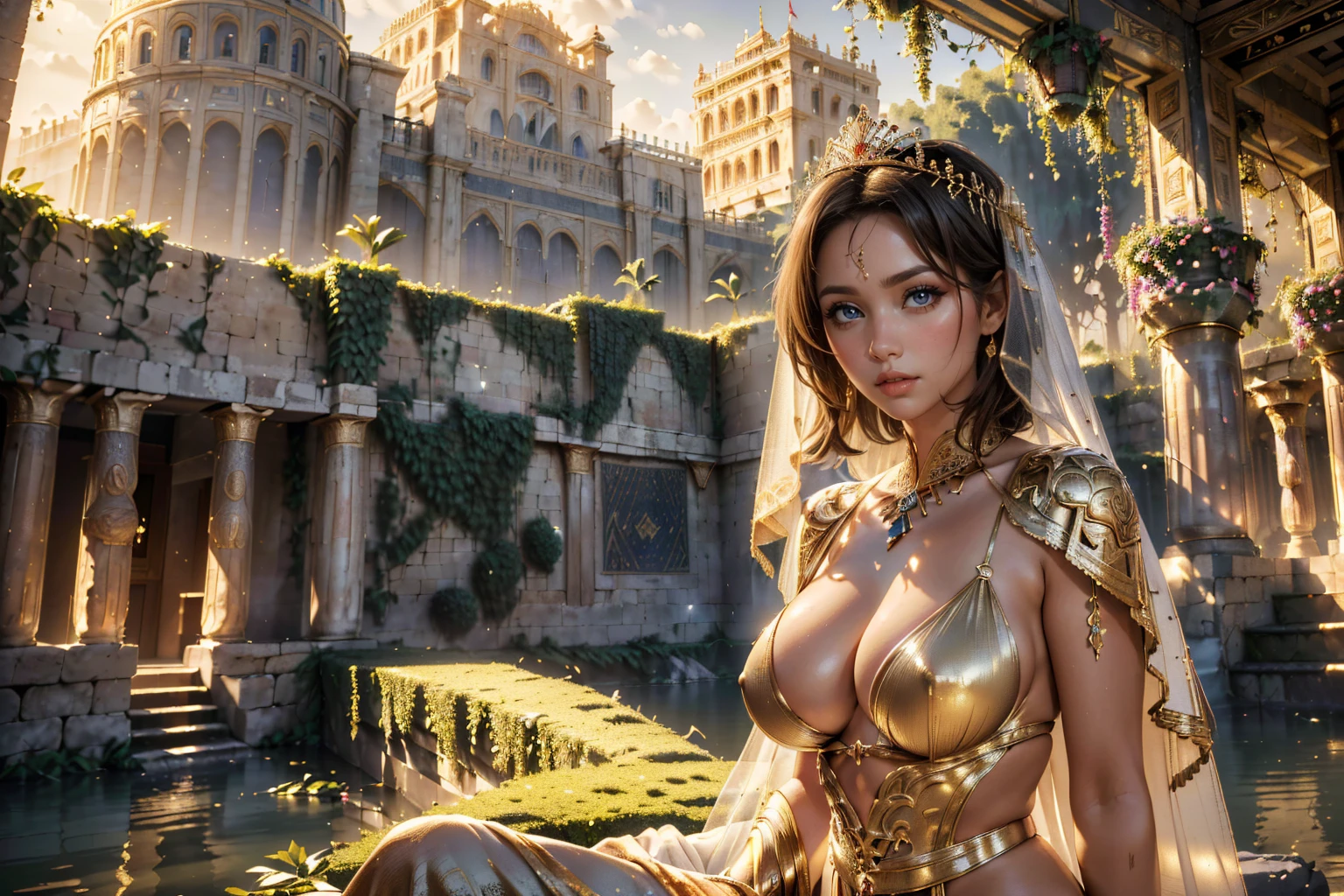 (masterpiece:1.4), (various angle:1.4), (best quality, highres:1.9), (Natalie Imbruglia:1.4), (squatting), (ancient greek goddess veil with toga clothe:1.3), (horny:1.45), (Hands behind back:1.5), (magical night:1.3), (bitchy and naughty:1.4), (large lips done over:1.45) (eyes half-closed:1.15), ((big redone breasts:1.5)), (photorealistic:1.4), (intricate and beautiful:1.2), (detailed light), (highres textures), dynamic various pose, soft light passing through hair, (sharp), exposure blend, (bokeh), (hdr:1.4), (cinematic:1.2), ( girl), (younger), beautiful face, (Hanging Gardens of Babylon scenery background:1.35)