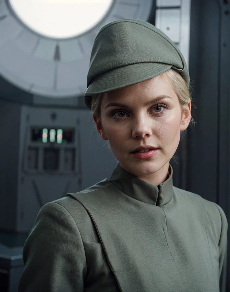 fashion photography of Elisha Cuthbert in olive gray imperialofficer uniform and hat with brim, hair in small tight bun, smooth pale white skin, haughty proud snob, pouty lips, buck teeth, sci-fi Death Star control room, sharp focus, dlsr, ultra sharp, professional Photographer, film grain, very detailed skin texture, photorealistic, no makeup