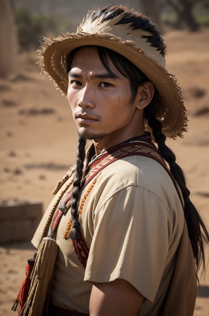 30-year-old indigenous man, with reddish complexion, small, almond-shaped eyes, Full mouth, squared chin, in a typically indigenous war scenario, 