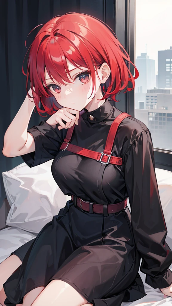Girl with short red hair, wearing black clothes