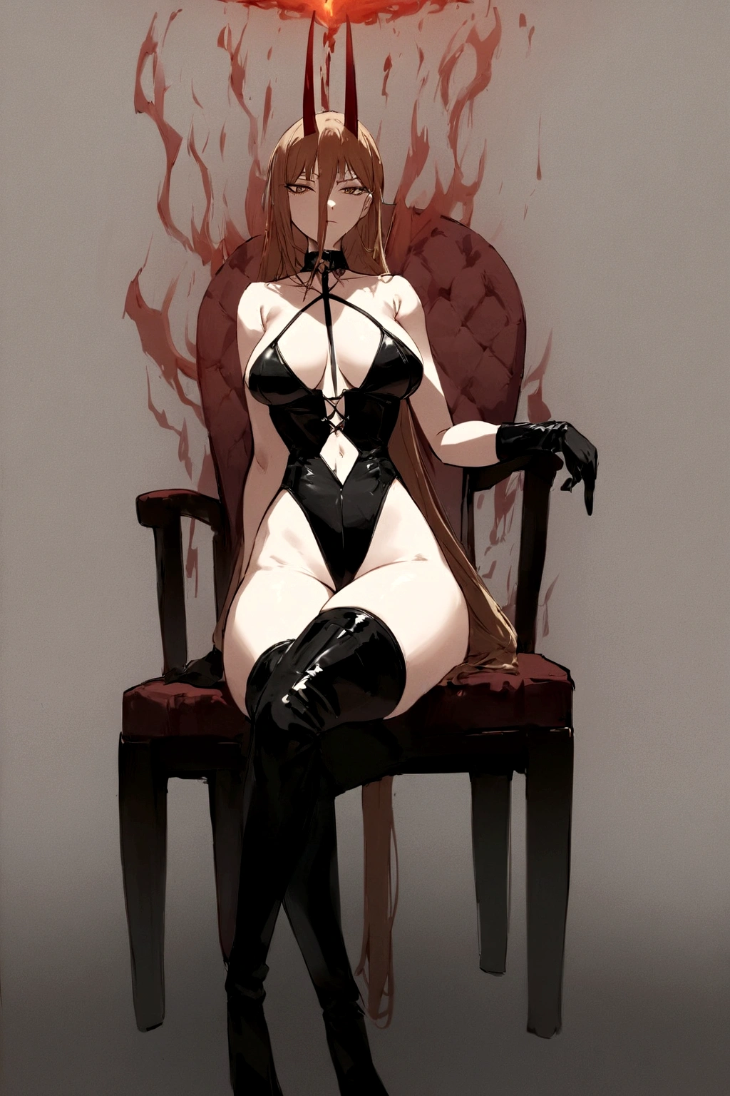 (work of art),anime girl, sitting on a chair, with an aura of superiority and bloodthirsty looks, in a dominatrix outfit.