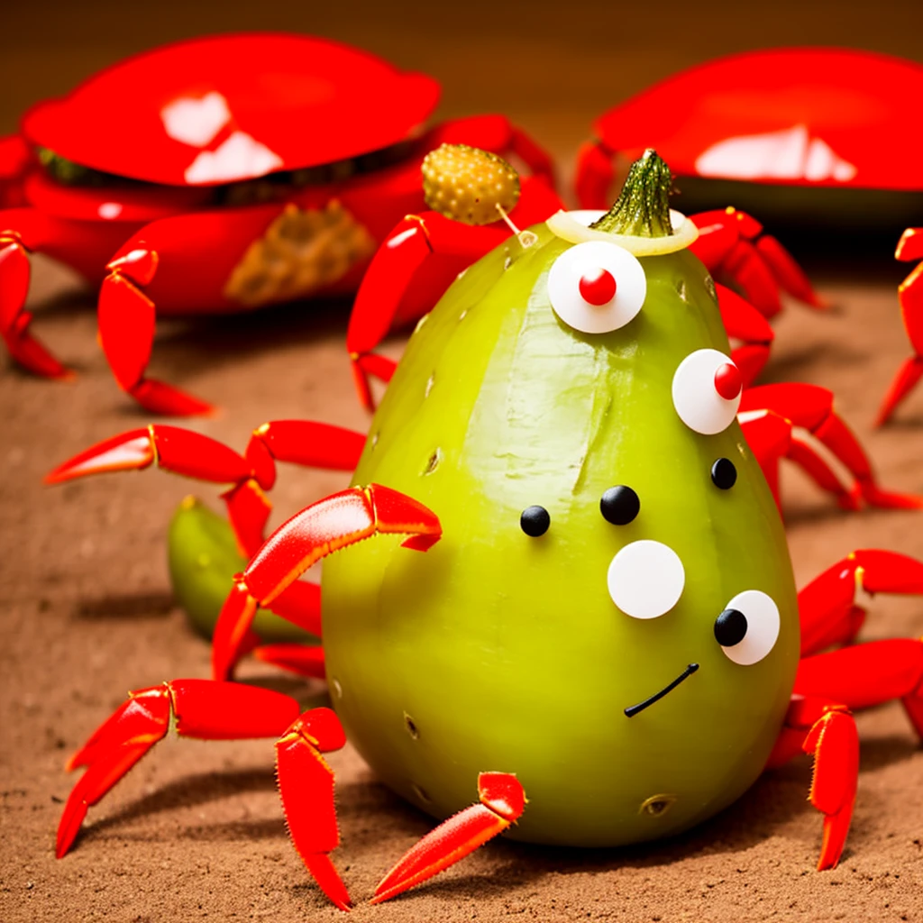 A dancing pickle wearing a crab costume