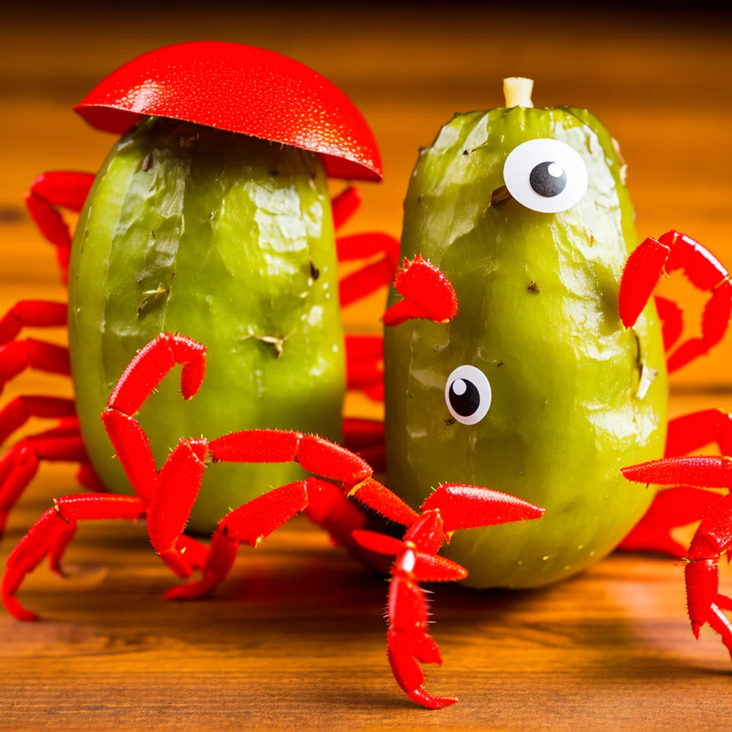 A dancing pickle wearing a crab costume
