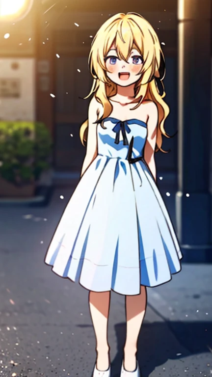 1 girl, kaorimiyazonor4, yellow hair, long wavy hair, hair between the eyes, pale indigo eyes, mature woman, Madurese way, beautiful smile, Open mouth, nose blush, white strapless dress, street, (blurred background, Blurry closeup, depth of field, Ambient lighting:1.3), Lens flare, light particles, tomorrow, sunlight, full body, white shoes, Standing, Full body shot, wide angle, arms at sides