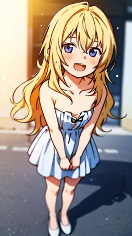 1 girl, kaorimiyazonor4, yellow hair, long wavy hair, hair between the eyes, pale indigo eyes, mature woman, Madurese way, beautiful smile, Open mouth, nose blush, white strapless dress, street, (blurred background, Blurry closeup, depth of field, Ambient lighting:1.3), Lens flare, light particles, tomorrow, sunlight, full body, white shoes, Standing, Full body shot, wide angle, arms at sides