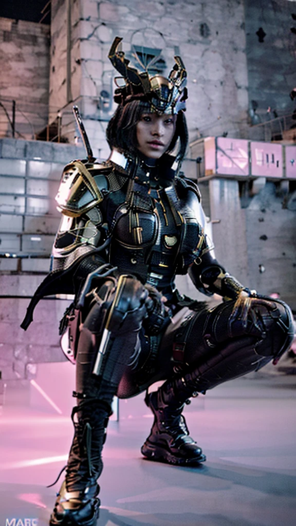 Surreal version of a woman kneeling down on one knee with sword in hand, very beautiful cyberpunk samurai,Sitting on one knee,Futuritic background, cyberpunk anime art, cyberpunk samurai, cyberpunk city anime art, cyberpunk anime, cgsociety 9, digital cyberpunk anime art, style of maciej kuciara .1girl, samurai armor, devil mask helmet, intricate, detailed ornaments, cold colors, metallic, Egyptian details, details very complex, realistic lighting, trending on social cgs, glowing eyes, facing camera, neon details, surreal details, full body portrait, Japanese atmosphere, lighting global, shadow, octane rendering, 8k, super sharp lolita.((Best quality)), ((masterpiece)), (details:1.4), 3D, image of a female cyberpunk beautiful,HDR (High Dynamic Range),Beam Range,NVIDIA RTX,Ultra High Resolution,Unreal 5,Subsurface Scattering,PBR Textures,Post-processing,Anisotropic Filtering,Depth of Field, Maximum clarity and sharpness, Multi-layer textures, Albedo and Reflection maps, Surface shadows, Accurate simulation of light-material interaction, Perfect scaling, Octane rendering, Two-tone lighting Color, Wide Aperture, Low ISO, White Balance, Rule of Thirds, 8K RAW,