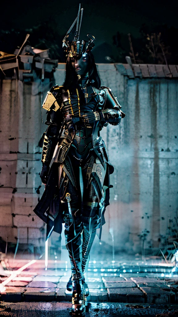 Surreal version of a woman kneeling down on one knee with sword in hand, very beautiful cyberpunk samurai,Sitting on one knee,Futuritic background, cyberpunk anime art, cyberpunk samurai, cyberpunk city anime art, cyberpunk anime, cgsociety 9, digital cyberpunk anime art, style of maciej kuciara .1girl, samurai armor, devil mask helmet, intricate, detailed ornaments, cold colors, metallic, Egyptian details, details very complex, realistic lighting, trending on social cgs, glowing eyes, facing camera, neon details, surreal details, full body portrait, Japanese atmosphere, lighting global, shadow, octane rendering, 8k, super sharp lolita.((Best quality)), ((masterpiece)), (details:1.4), 3D, image of a female cyberpunk beautiful,HDR (High Dynamic Range),Beam Range,NVIDIA RTX,Ultra High Resolution,Unreal 5,Subsurface Scattering,PBR Textures,Post-processing,Anisotropic Filtering,Depth of Field, Maximum clarity and sharpness, Multi-layer textures, Albedo and Reflection maps, Surface shadows, Accurate simulation of light-material interaction, Perfect scaling, Octane rendering, Two-tone lighting Color, Wide Aperture, Low ISO, White Balance, Rule of Thirds, 8K RAW,