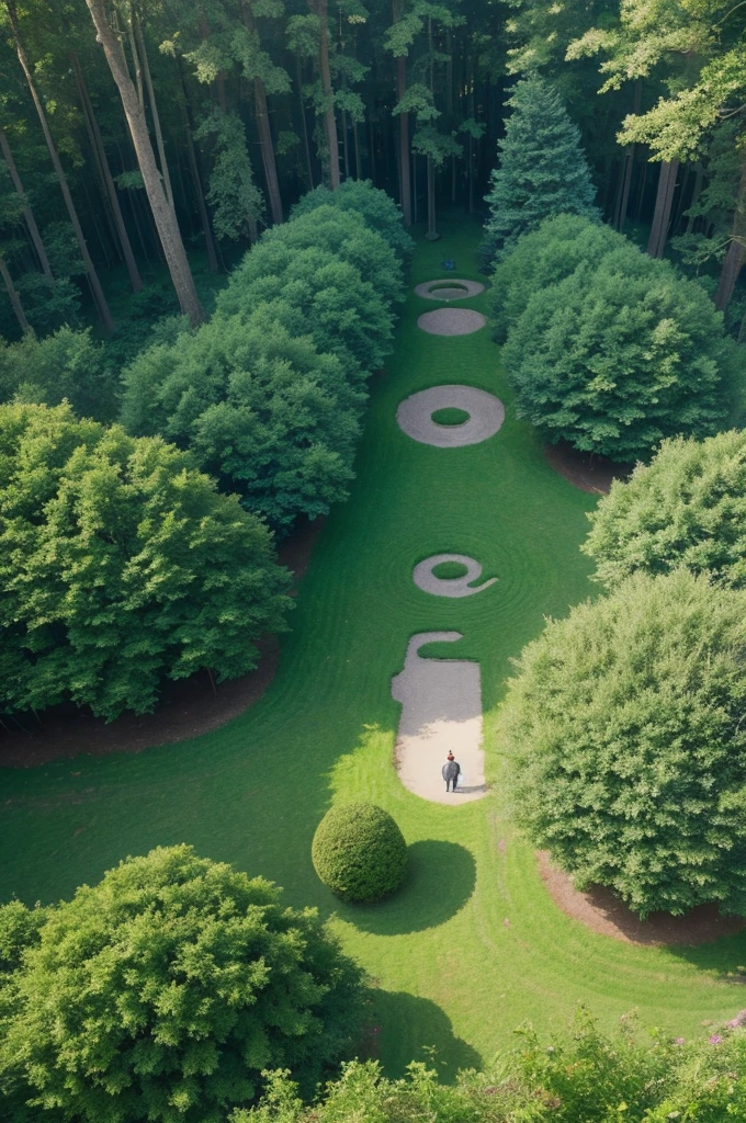 a maze in a magical forest seen from the side and from above