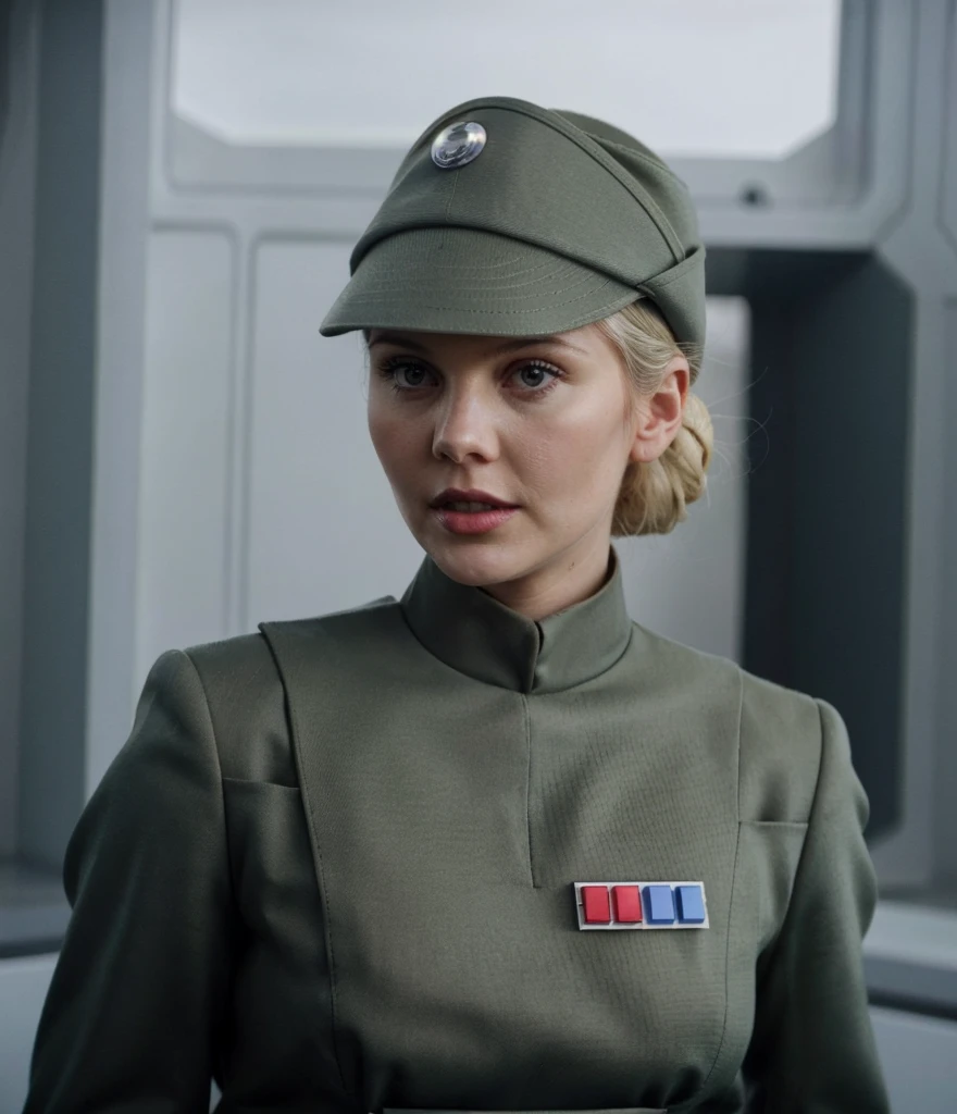 fashion photography of Elisha Cuthbert in olive gray imperialofficer uniform and hat with brim, rank plaque insignia, hair in small tight bun, smooth pale white skin, haughty proud snob, pouty lips, buck teeth, sci-fi Death Star control room, sharp focus, dlsr, ultra sharp, professional Photographer, film grain, very detailed skin texture, photorealistic, no makeup