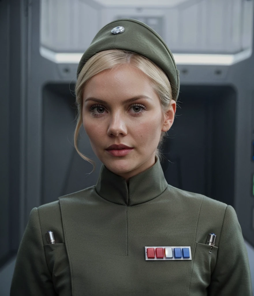 fashion photography of Elisha Cuthbert in olive gray imperialofficer uniform and hat with brim, rank plaque insignia, hair in small tight bun, smooth pale white skin, haughty proud snob, pouty lips, buck teeth, sci-fi Death Star control room, sharp focus, dlsr, ultra sharp, professional Photographer, film grain, very detailed skin texture, photorealistic, no makeup