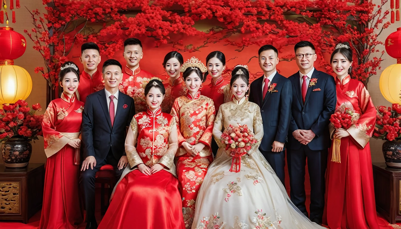Traditional Chinese wedding,Family photo。RAW photos,Best quality),(reality,照⽚reality感:1.3),masterpiece,Extremely exquisite and beautiful,High resolution,Original,Perfect lighting,(Extremely detailed CG:1.2),Unification,2k wallpaper,Amazing,Fine details