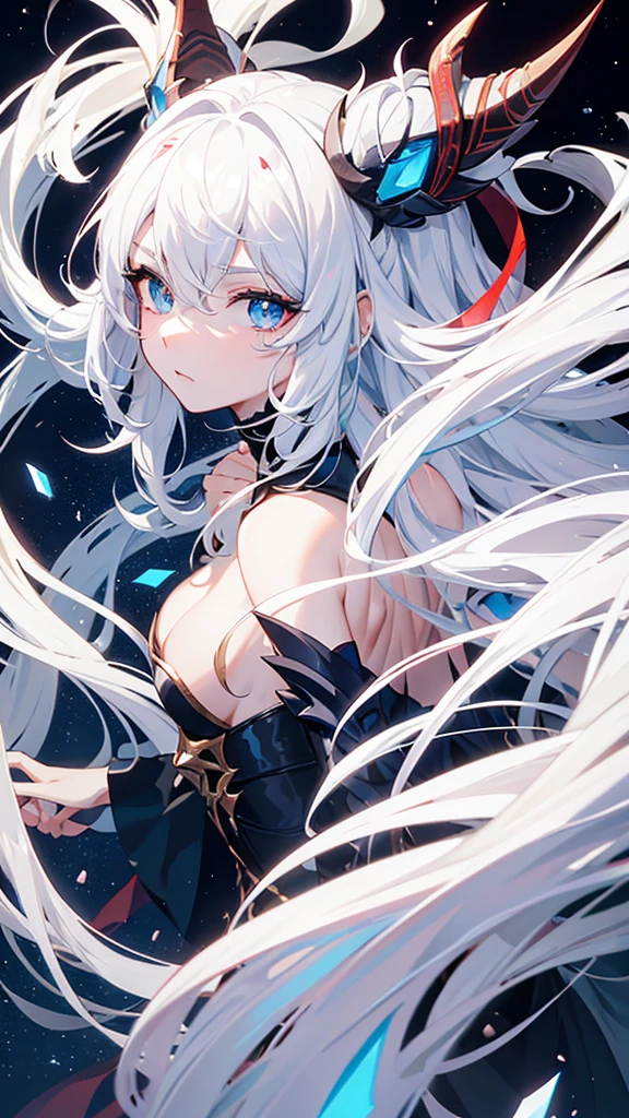  dragon-like and white hair, and star details, blue horns, one eye blue and the other red