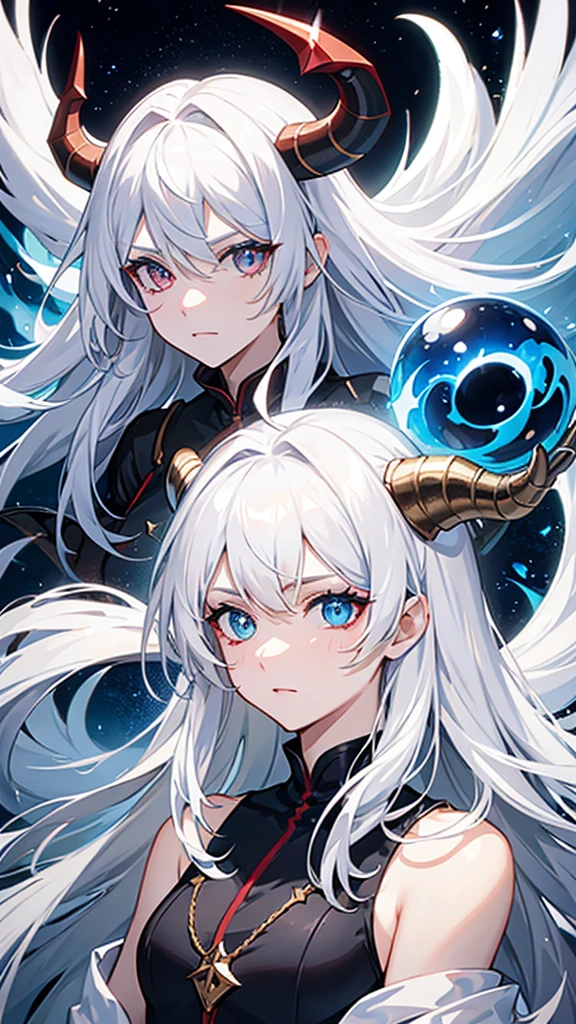 dragon-like and white hair, and star details, blue horns, one eye blue and the other red