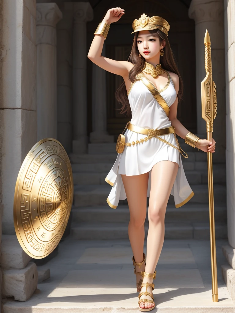 Greek goddess Athena. Jennie kim. White tunica, Golden armor, Golden Shield, good body, cute face, Brown hair, Greek sandals.