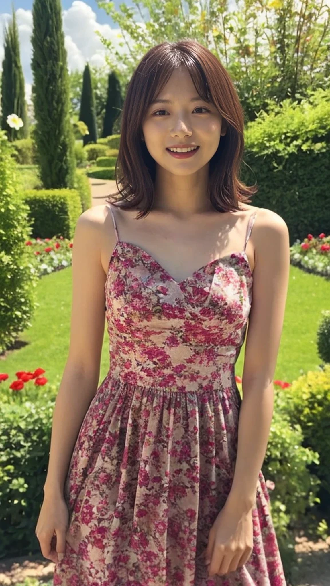 masterpiece, highest quality, disorganized, perfect anatomy, 1 girl, alone, pascal tales, short hair, beautiful, Hilarious, sunny day, botanical garden, Summer winds, sundress, Floral, wavy hair, smile