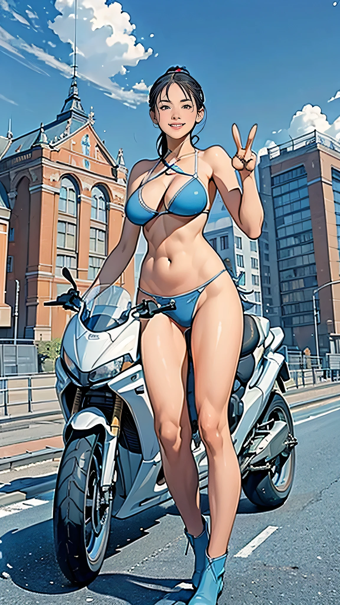 (perfect anatomy), ((1 screen)), (((Dynamic Angle))), (((Describe everything in detail))), (((light blue high leg bikini:1.5))), (((Commemorative photo,smile))), (((Peace pose:1.5))), (((Large Motorcycle(HONDA VFR800X,red color)Astride)))), ((Perfect five-finger ratio)), ((Symmetrical face)), ((Beautiful 18 year old in front of Amsterdam Central Station,8-headed woman)), ((Long Black Hair,ponytail)), ((Short Gloves)), ((short boots)), (((Very good weather,Wide blue sky,Strong sunlight reflects off the road surface))), (Beautiful large, round and firm breasts:1.1), (Beautiful underboobs), (Beautiful and flat abdomen), (Beautiful belly button), (Beautiful toned waist), (Beautiful tight big ass), (Beautiful slim thighs,Crotch gap), (relax:1.5), (Enjoy the spectacular views), (very satisfied), (((This is in front of Amsterdam Central Station.,Netherlands)))