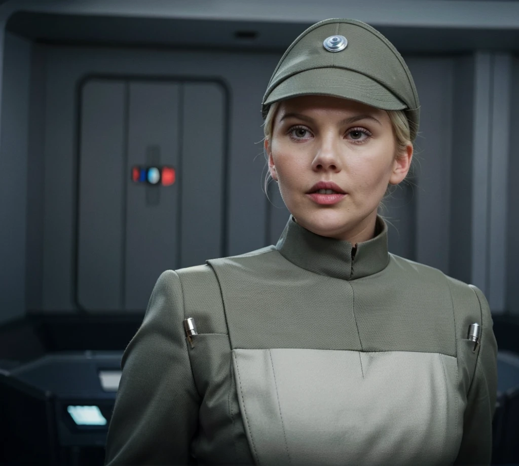 fashion photography of fat overweight obese chubby Elisha Cuthbert in olive gray imperialofficer uniform and hat with brim, rank plaque insignia, hair in small tight bun, smooth pale white skin, haughty proud snob, pouty lips, buck teeth, sci-fi Death Star control room, sharp focus, dlsr, ultra sharp, professional Photographer, film grain, very detailed skin texture, photorealistic, no makeup