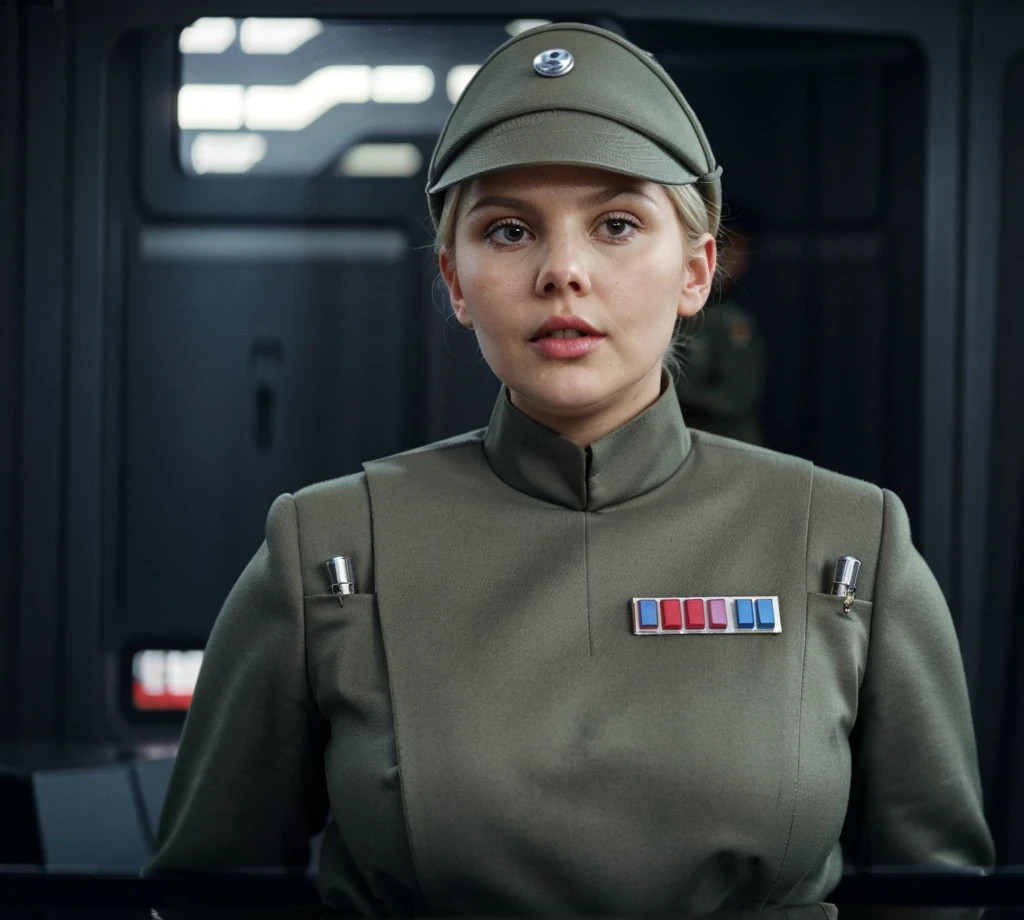 fashion photography of fat overweight obese chubby Elisha Cuthbert in olive gray imperialofficer uniform and hat with brim, rank plaque insignia, hair in small tight bun, smooth pale white skin, haughty proud snob, pouty lips, buck teeth, sci-fi Death Star control room, sharp focus, dlsr, ultra sharp, professional Photographer, film grain, very detailed skin texture, photorealistic, no makeup