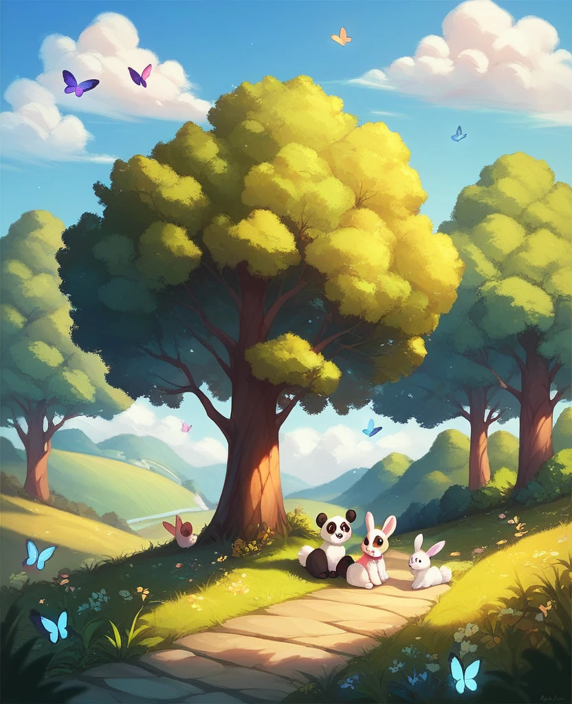 Cute nature scenery, no people, clouds rainbow. pandas,kittens,bunnies,trees,butterflies