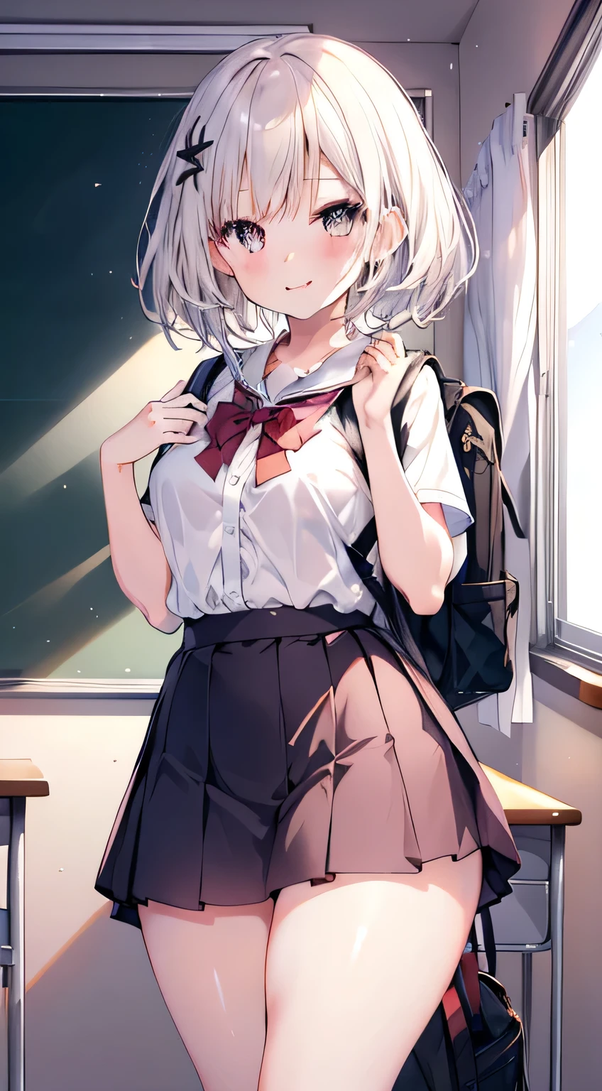 1 girl, split lips, blush, makeup, Light smile, , classroom, school backpack, rays of light, shine, thick legs, Big thighs, clavicle, narrow waist, (master piece), wallpaper,