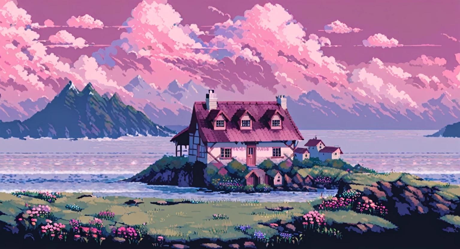 a cottage on a mountain, surrounded by ocean, flowers, clouds, dramatic, pastel colors, rainy day, pink tones