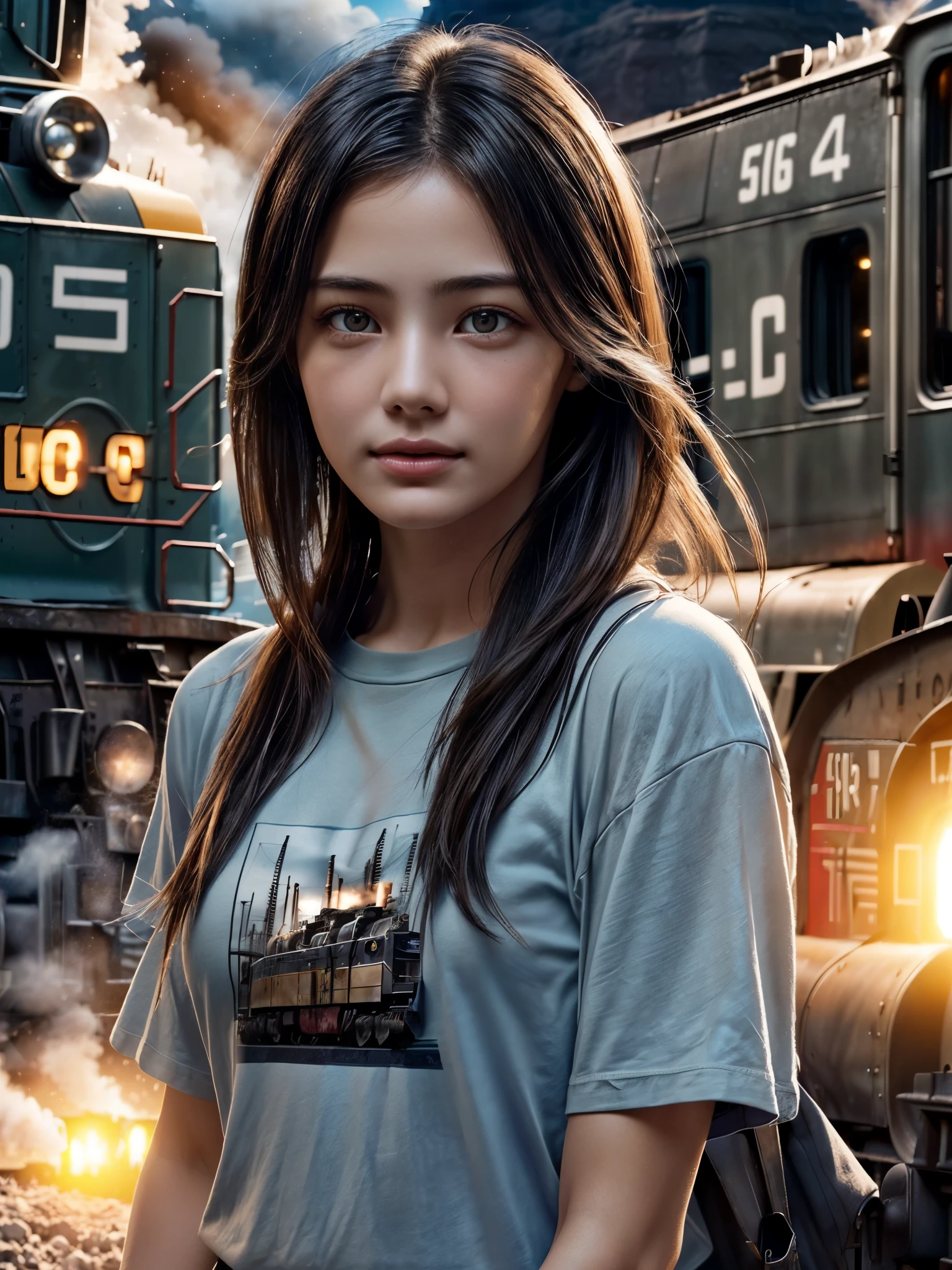 1girl, standing, surreal, (locomotive train:1.4), dreamy beautiful day, dressed, (photo realistic:1.4), (hyper realistic:1.4), (realistic:1.3), (smoother lighting), (cinematic lighting quality), realistic lighting, backlighting, light on face, ray trace, (brightening light:1.2), (tired and joy), t-shirts, (detailed skin texture),