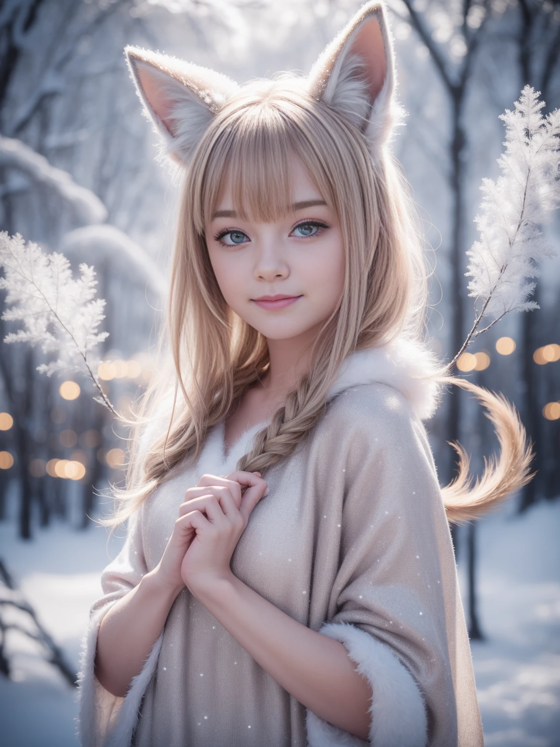 (RAW Photos:1.2), (Realistic:1.4), (Highest quality:1.4), (Ultra-high resolution:1.2), (Very detailed:1.3), (Hmph:1.2), (Cinema Lighting:1.3), (eye), (Yuki:1.2), Cute fox, Are standing, (3/4. Portraiture: 1.2), (Bushy Tail: 1.2), (Soft fur: 1.2), (Moe: 1.2), (Looking at the audience), (An innocent smile), (Soft Light), (dreamy), (dream: 1.3), (Mysterious: 1.3), (magic: 1.2), (Winter Wonderland: 1.3), (Whimsical: 1.2), (fun: 1.2), bust, alone