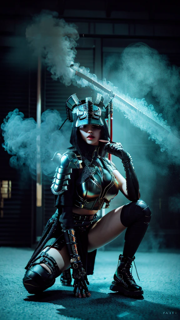 Surreal version of a woman kneeling down on one knee with sword in hand, very beautiful cyberpunk samurai,Sitting on one knee,Futuritic background,  cyberpunk anime art, cyberpunk samurai, cyberpunk city anime art, cyberpunk anime, cgsociety 9, digital cyberpunk anime art, style of maciej kuciara .1girl, samurai armor, devil mask helmet, intricate, detailed ornaments, cold colors, metallic, Egyptian details, details very complex, realistic lighting, trending on social cgs, glowing eyes, facing camera, neon details, surreal details, full body portrait, Japanese atmosphere, lighting global, shadow, octane rendering, 8k, super sharp lolita.((Best quality)), ((masterpiece)), (details:1.4), 3D, image of a female cyberpunk beautiful,HDR (High Dynamic Range),Beam Range,NVIDIA RTX,Ultra High Resolution,Unreal 5,Subsurface Scattering,PBR Textures,Post-processing,Anisotropic Filtering,Depth of Field, Maximum clarity and sharpness, Multi-layer textures, Albedo and Reflection maps, Surface shadows, Accurate simulation of light-material interaction, Perfect scaling, Octane rendering, Two-tone lighting Color, Wide Aperture, Low ISO, White Balance, Rule of Thirds, 8K RAW,Smoke color background, 