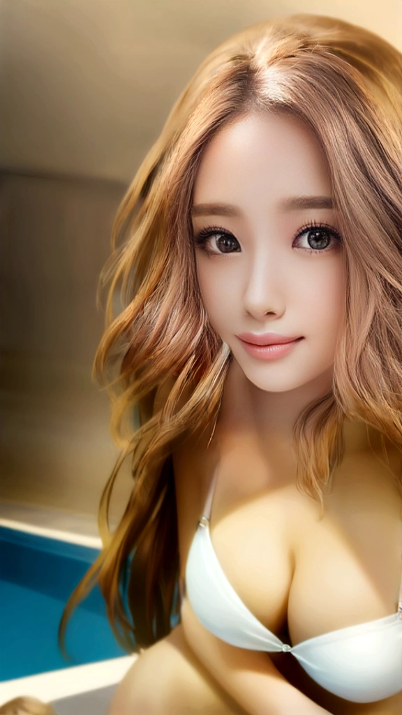 Medium chest:0.4、Cleavage:0.4、White Bikini、The background is the pool