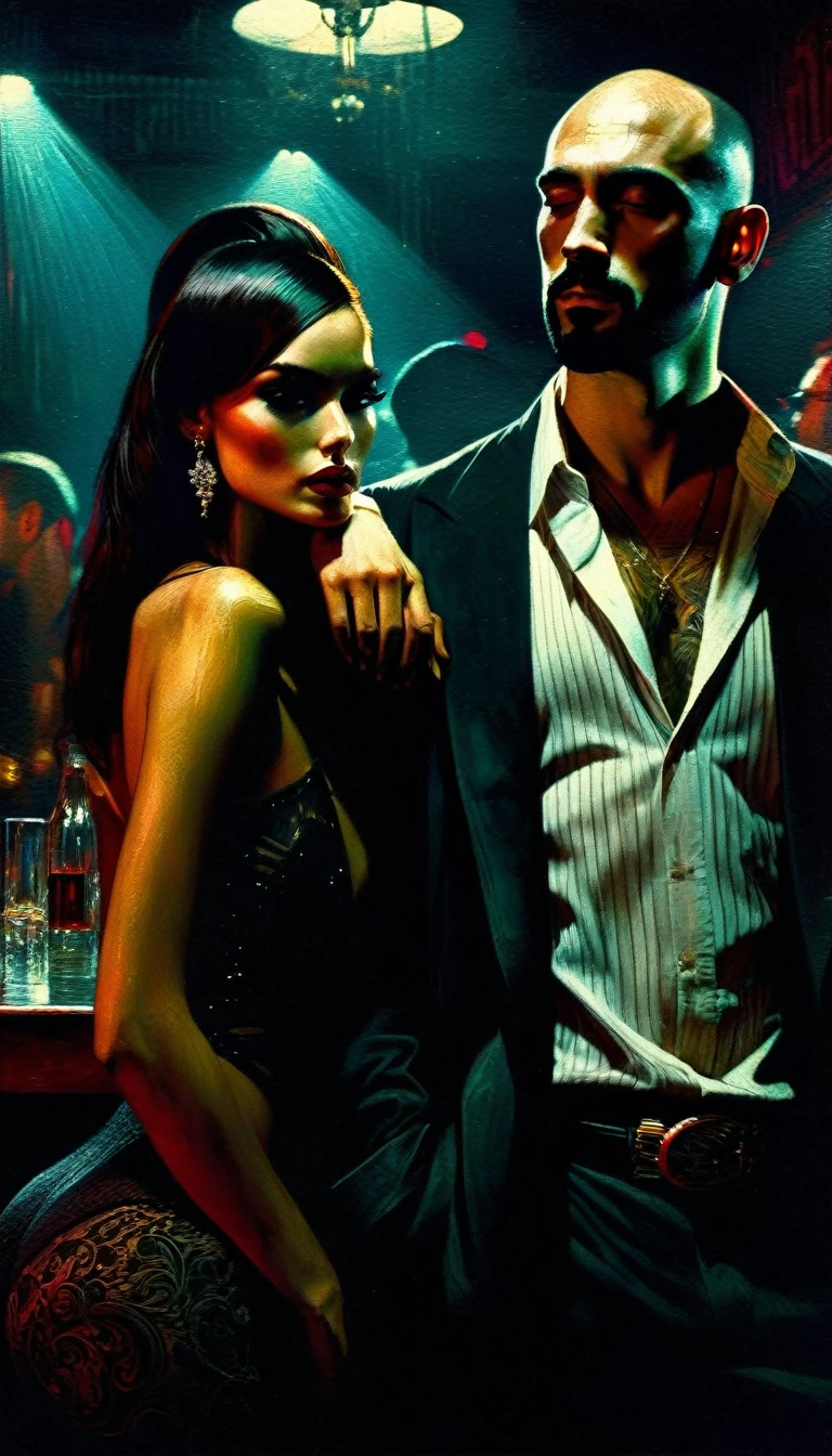 a young thin bald man with a black beard, mafia style,a sexy girl leans on his shoulder, in a club, oil painting, highly detailed, cinematic lighting, dramatic chiaroscuro, gritty and grungy atmosphere, rich colors, moody, Bill Sienkiewicz inspired art, photorealistic, 8k, best quality, intricate details, masterpiece
