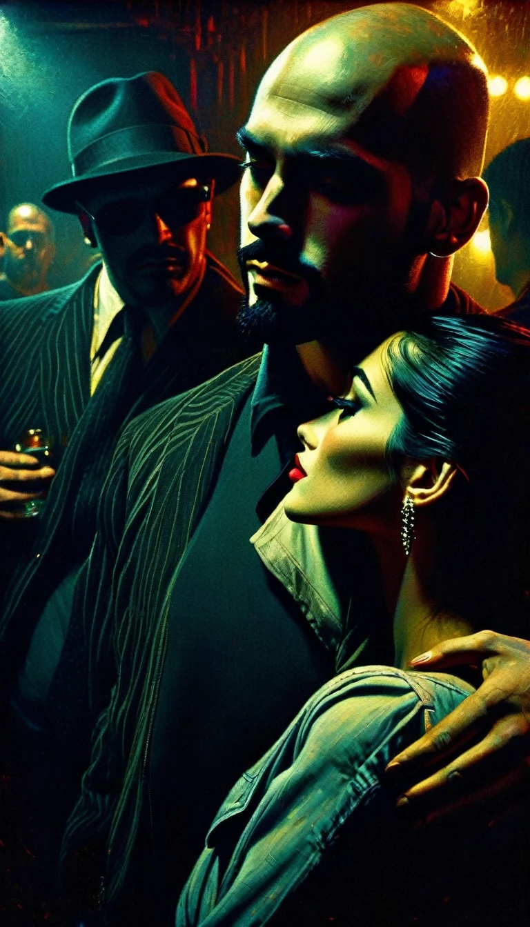 a young thin bald man with a black beard, mafia style,a sexy girl leans on his shoulder, in a club, oil painting, highly detailed, cinematic lighting, dramatic chiaroscuro, gritty and grungy atmosphere, rich colors, moody, Bill Sienkiewicz inspired art, photorealistic, 8k, best quality, intricate details, masterpiece
