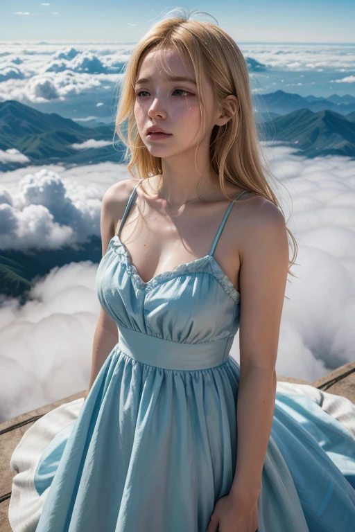Blonde woman in light blue dress crying,lives above the clouds